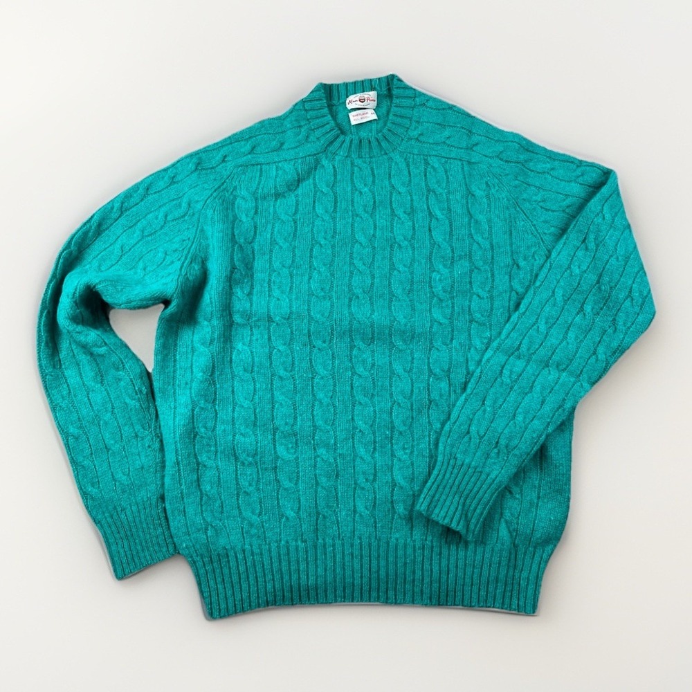 Vintage Alan Paine Shetland Wool Sweater Size 44 Turquoise Cableknit Pullover